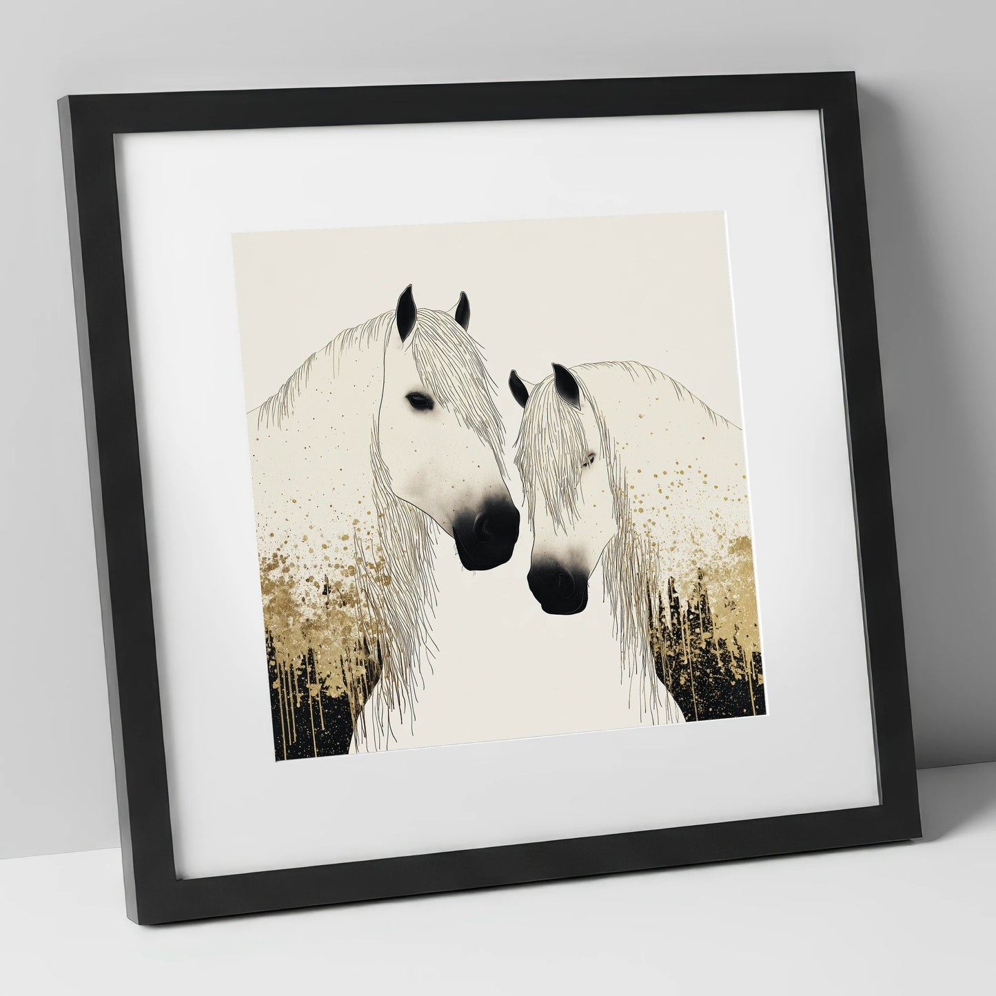 Gilded Companions horse landscape art print in black frame