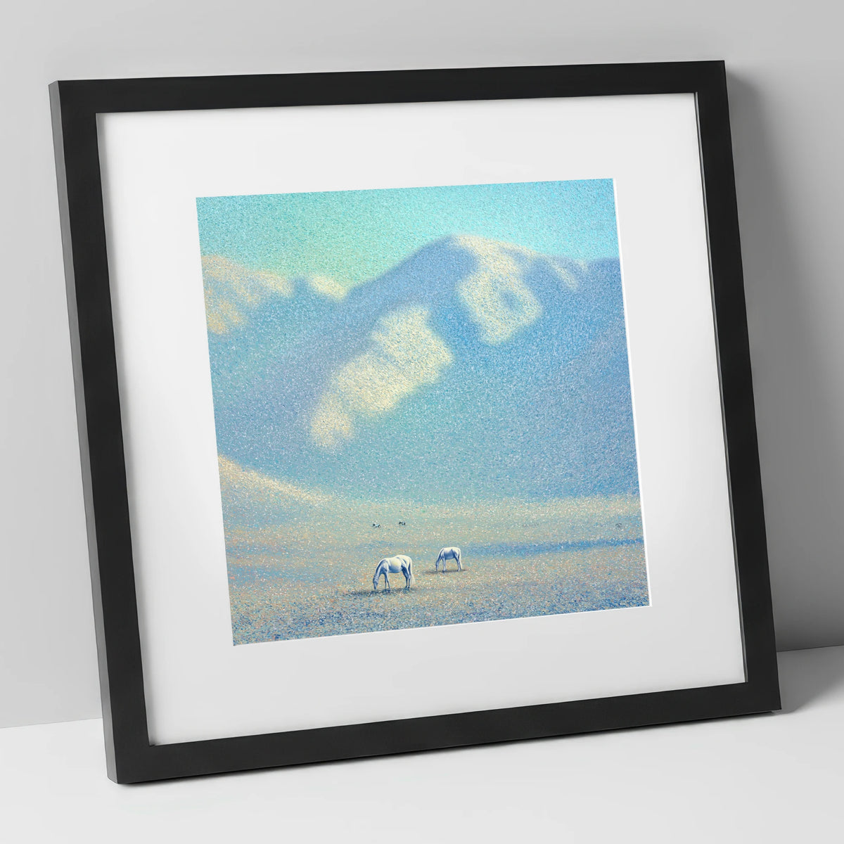 Ethereal Mountain Grazing horse landscape art print in black frame