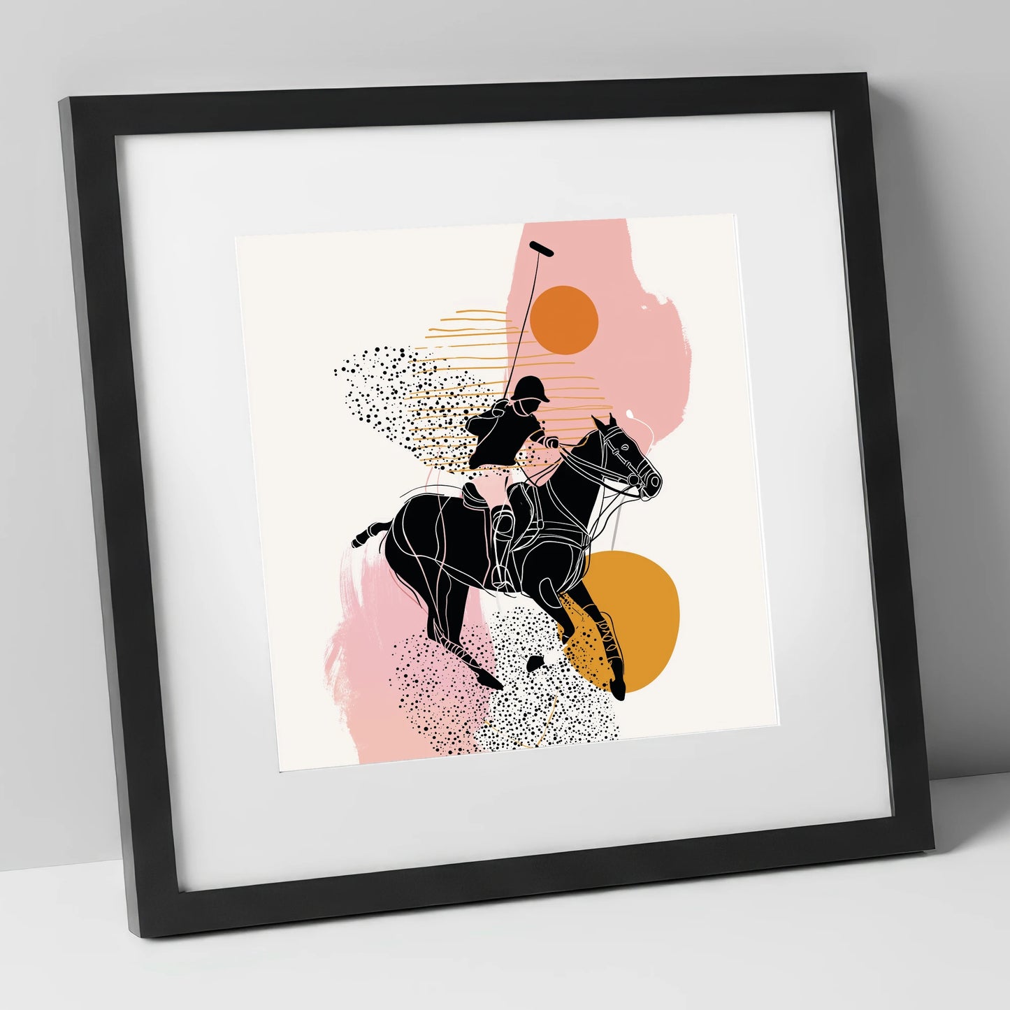 Modern Polo Strike polo horse art print in black frame