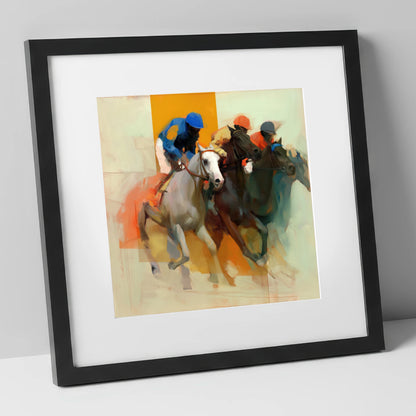 Surge to the Line racing horse art print in black frame