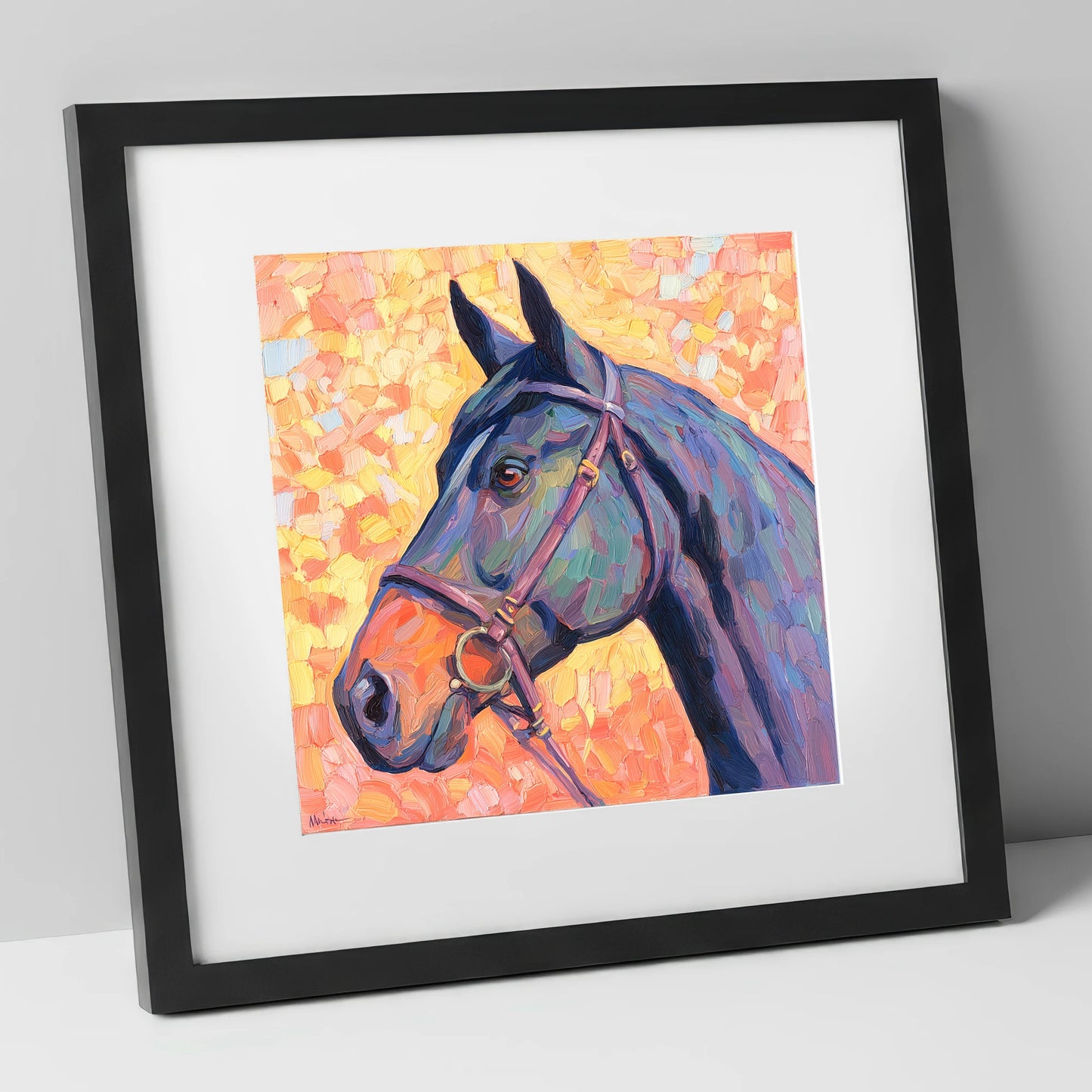Radiant Equine Profile horse portrait art print in black frame