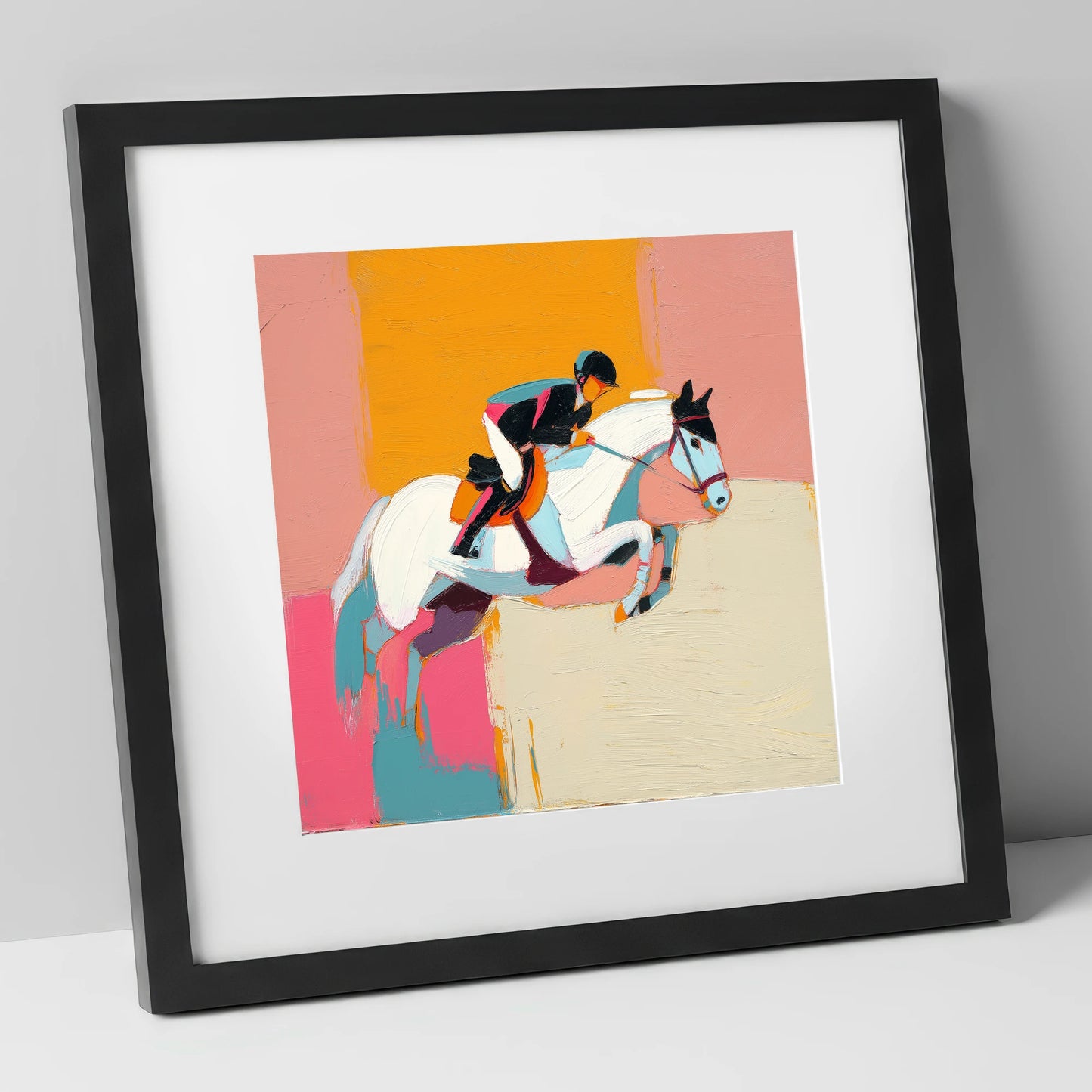 Vibrant Flight show jumping horse art print in black frame