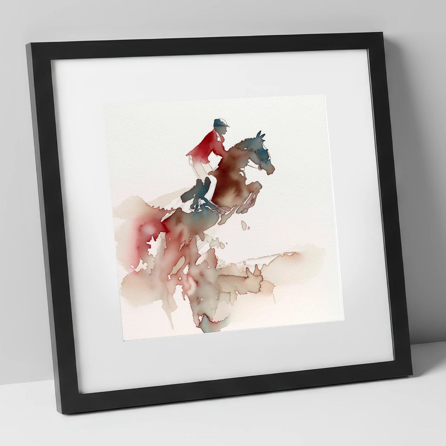Crimson Flight show jumping horse art print in black frame