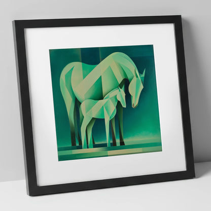 Verdant Harmony mare & foal art print in black frame