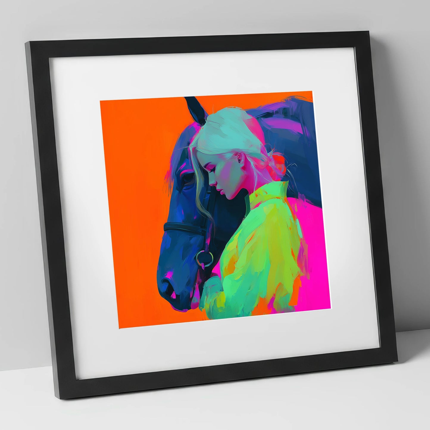 Technicolour Trust horse & rider art print in black frame