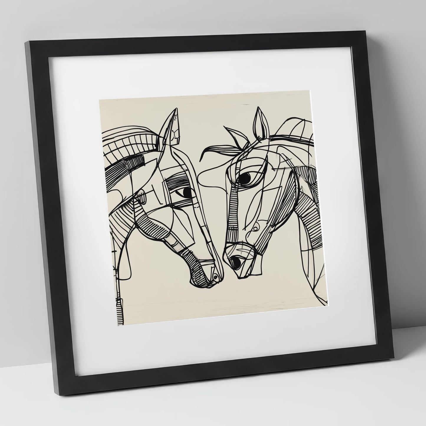 Linear Equine Connection horse portrait art print in black frame