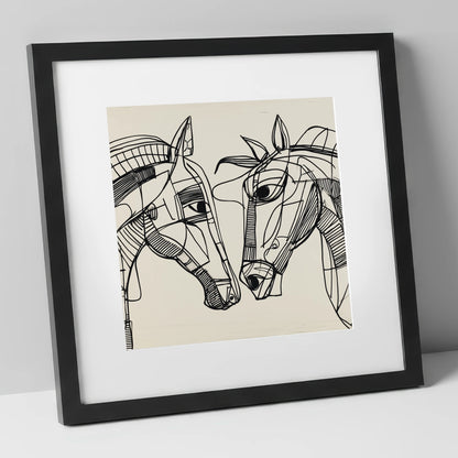 Linear Equine Connection horse portrait art print in black frame