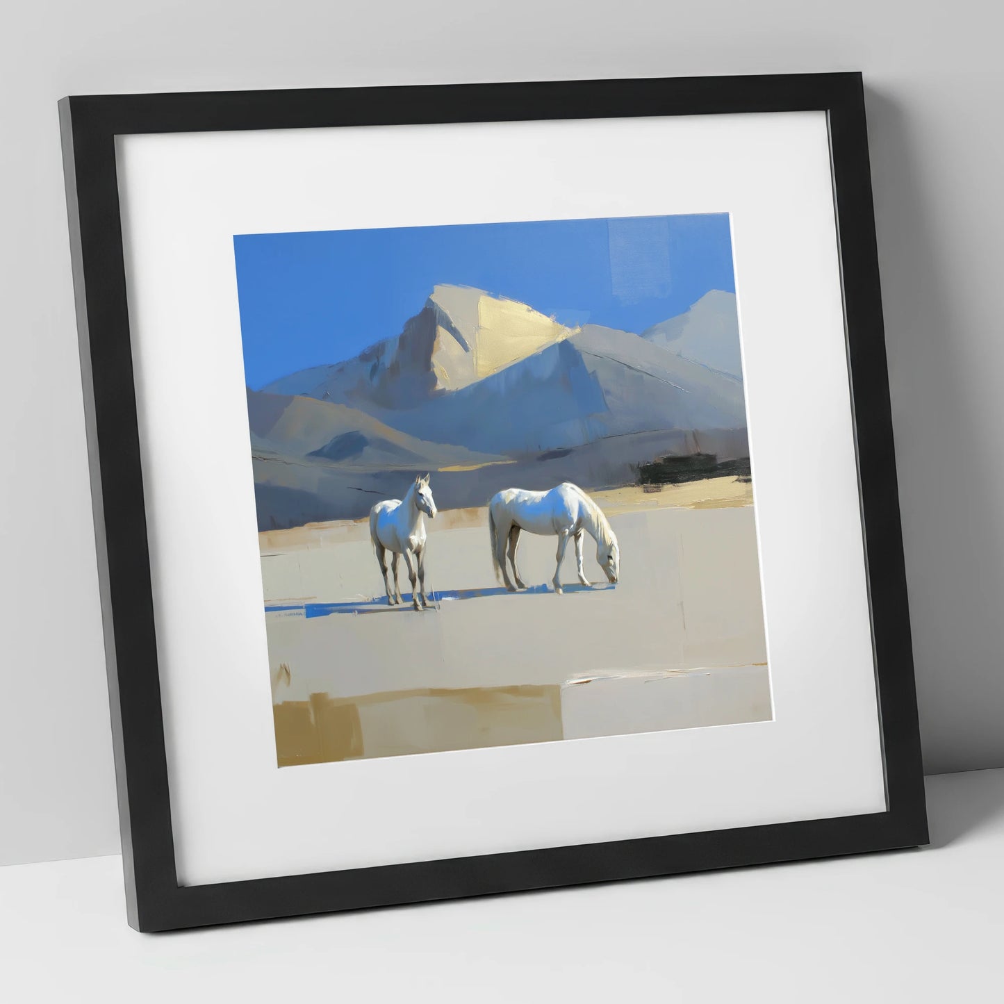 Golden Peak Greys horse landscape art print in black frame