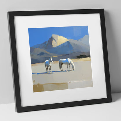 Golden Peak Greys horse landscape art print in black frame