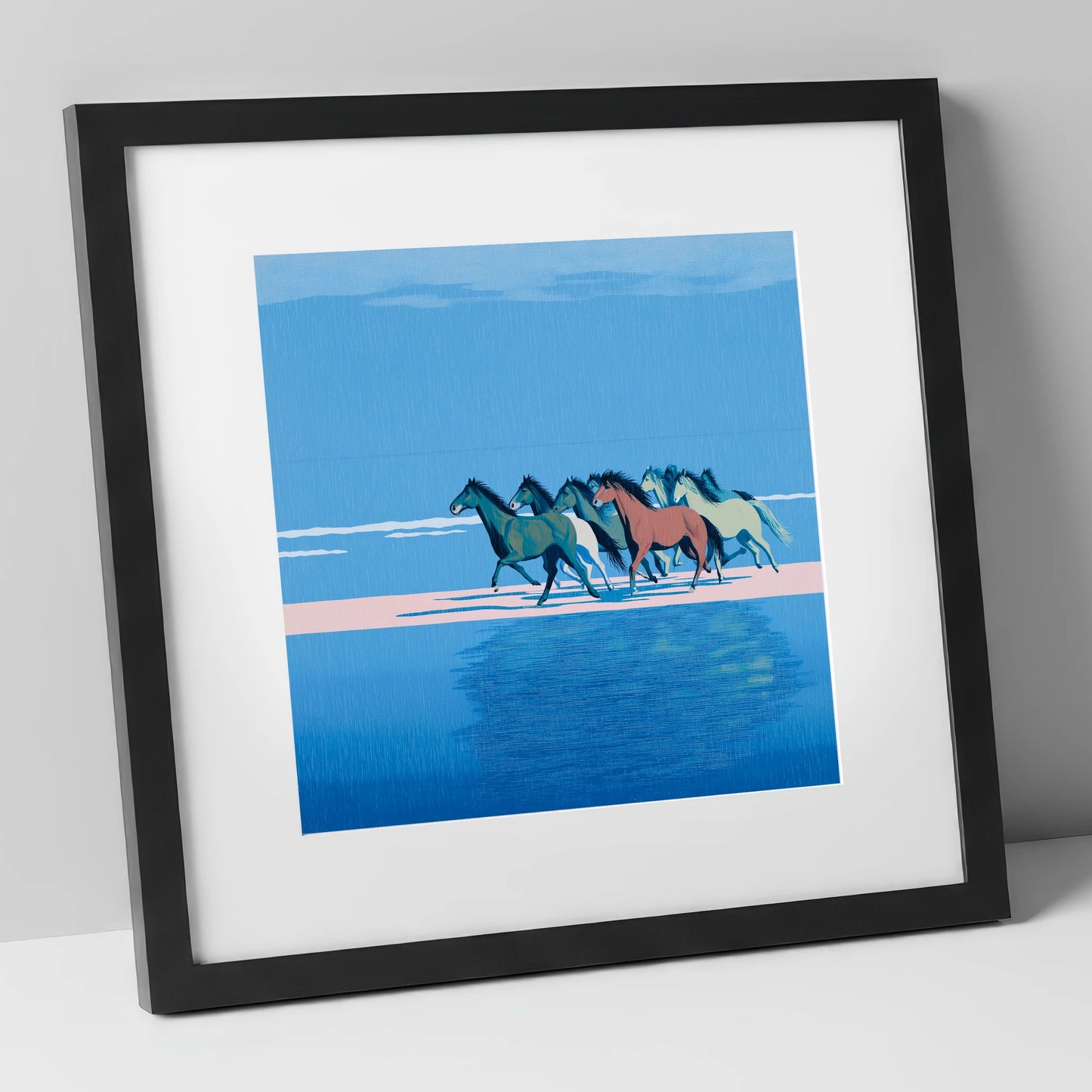 Coastal Canter wild horses art print in black frame