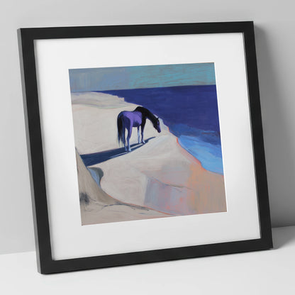 Indigo Coastal Solitude horse landscape art print in black frame