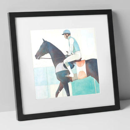 Aquamarine Stride racing horse art print in black frame