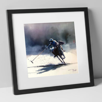 The Decisive Strike polo horse art print in black frame