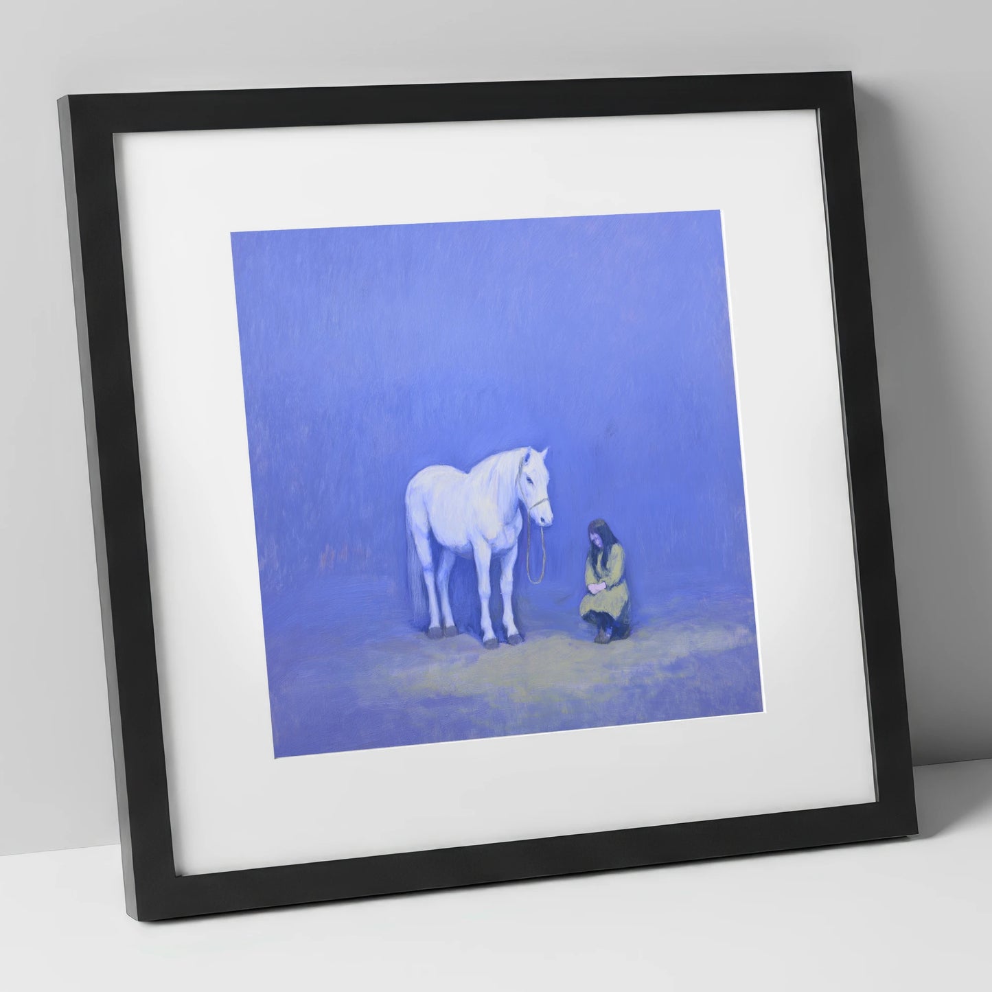 Solace in Azure horse & rider art print in black frame