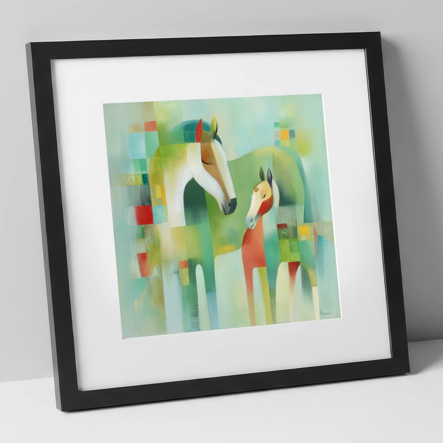 Contemporary Equine Harmony mare & foal art print in black frame