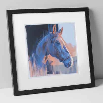 Cobalt and Apricot Light horse portrait art print in black frame