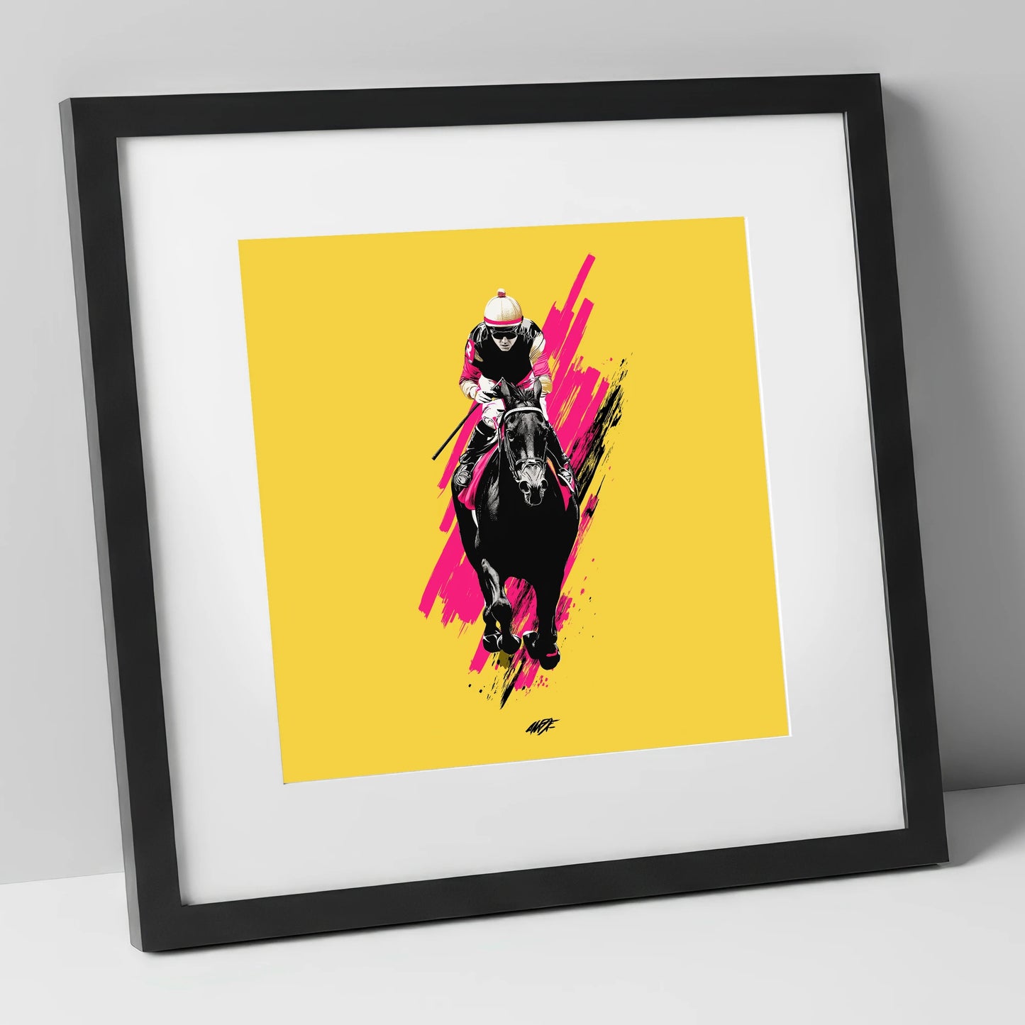 The Front Runner racing horse art print in black frame