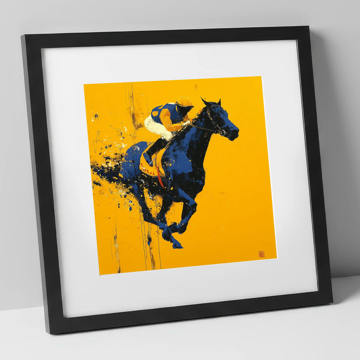 Midnight Pace on Gold racing horse art print in black frame