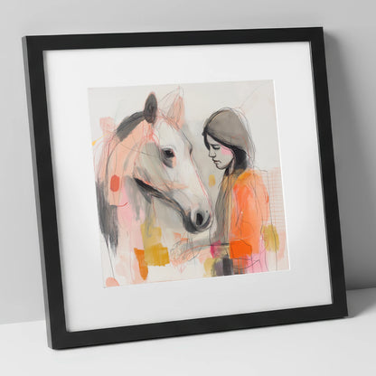 Unspoken Bond horse & rider art print in black frame
