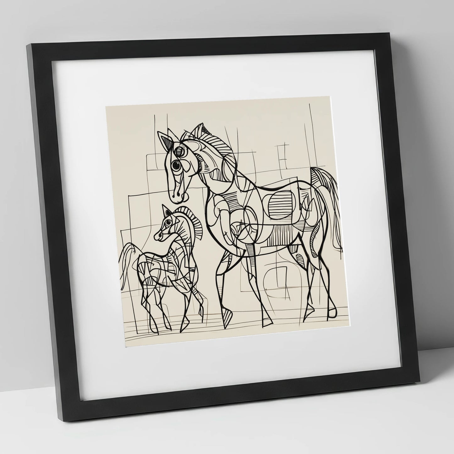 Linear Connection mare & foal art print in black frame