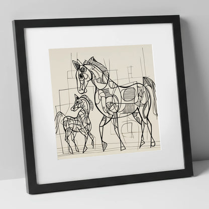 Linear Connection mare & foal art print in black frame
