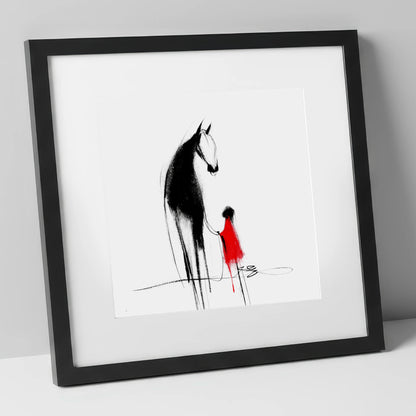 Crimson Connection horse & rider art print in black frame