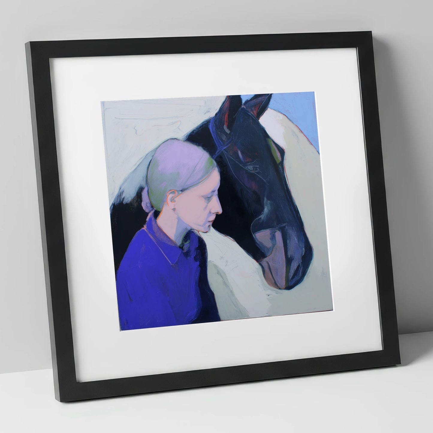 Silent Understanding horse & rider art print in black frame