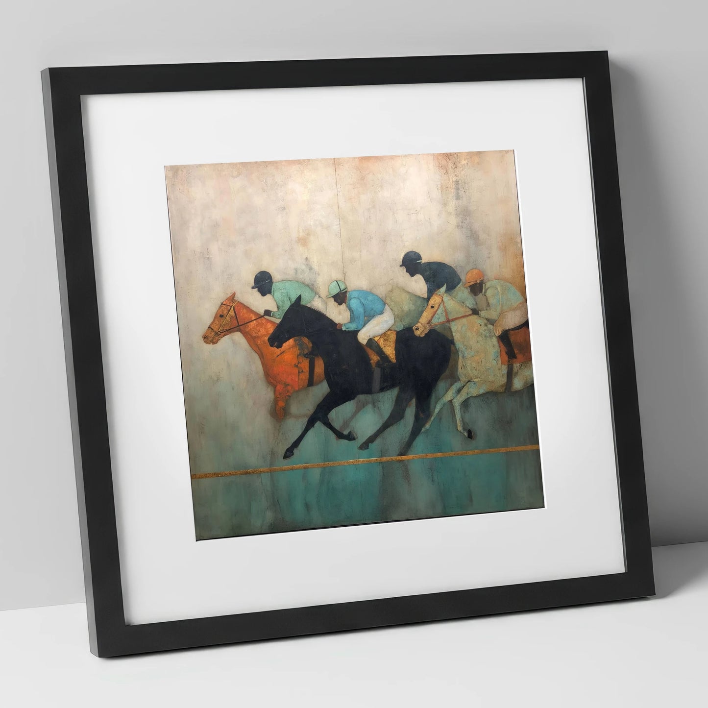 The Golden Furlong racing horse art print in black frame
