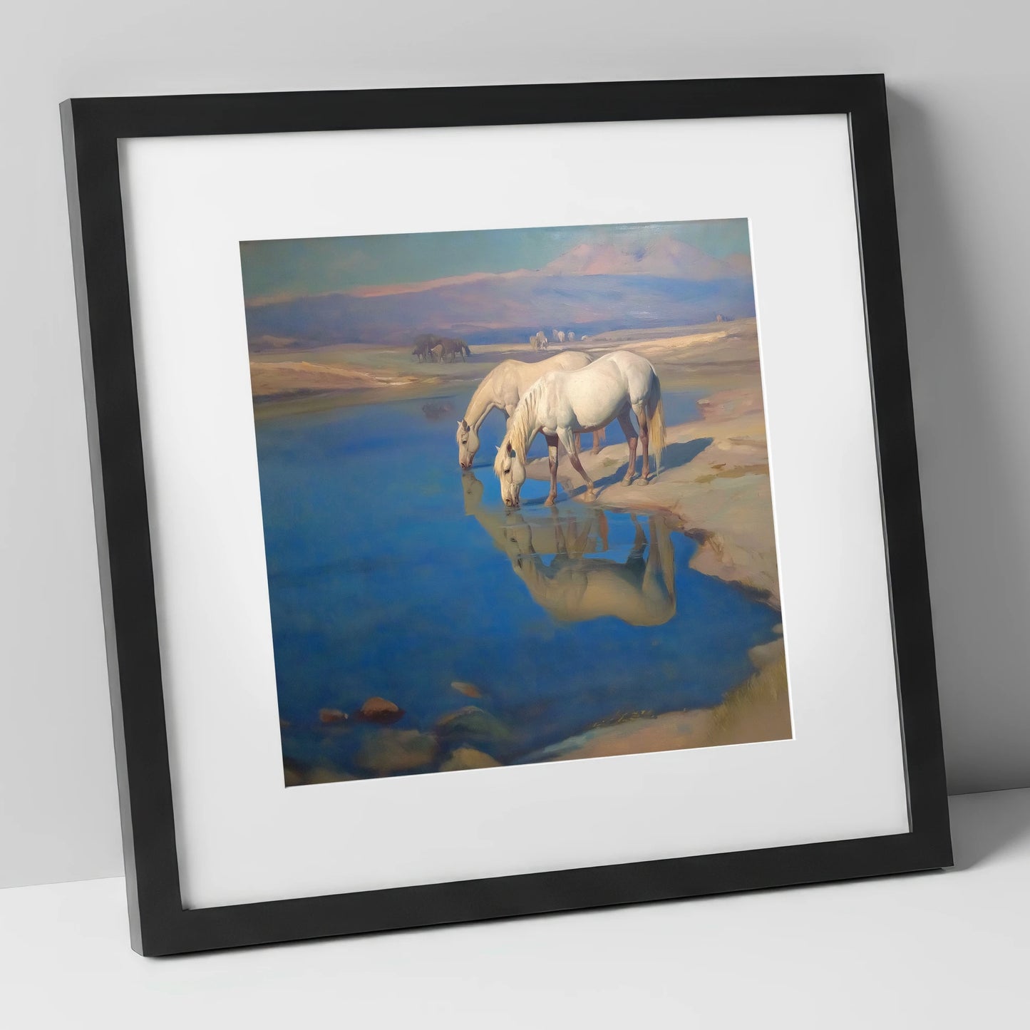 Reflections in Azure wild horses art print in black frame