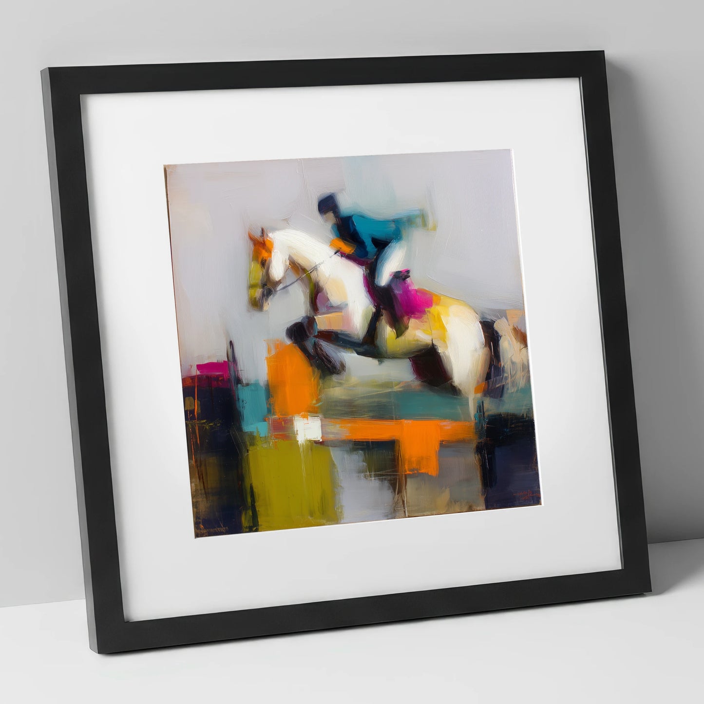 Vibrant Ascent show jumping horse art print in black frame
