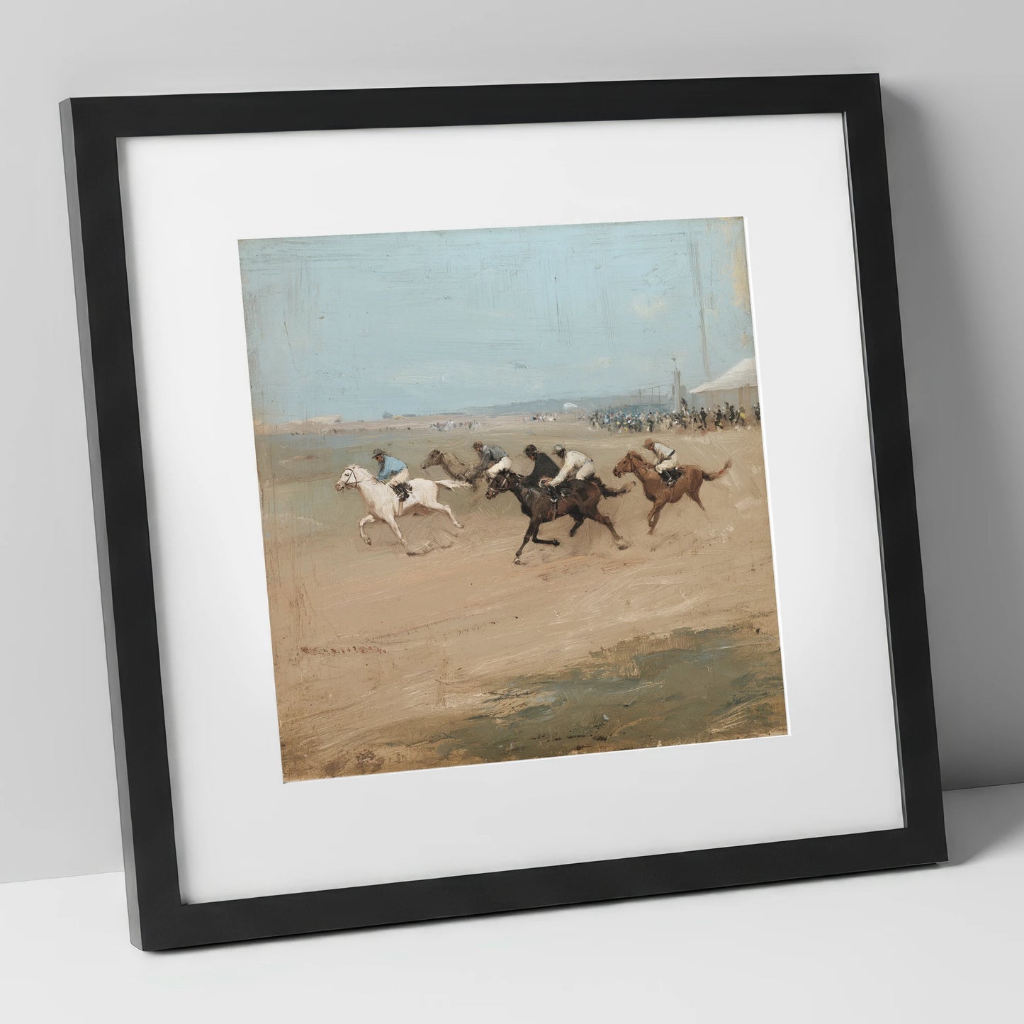 Gallop on the Sands racing horse art print in black frame