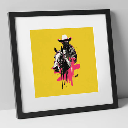 Magenta Western Rider western horse art print in black frame
