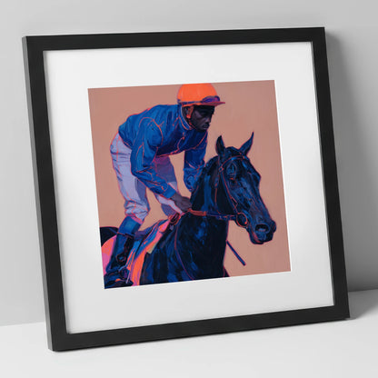 Indigo Charge racing horse art print in black frame