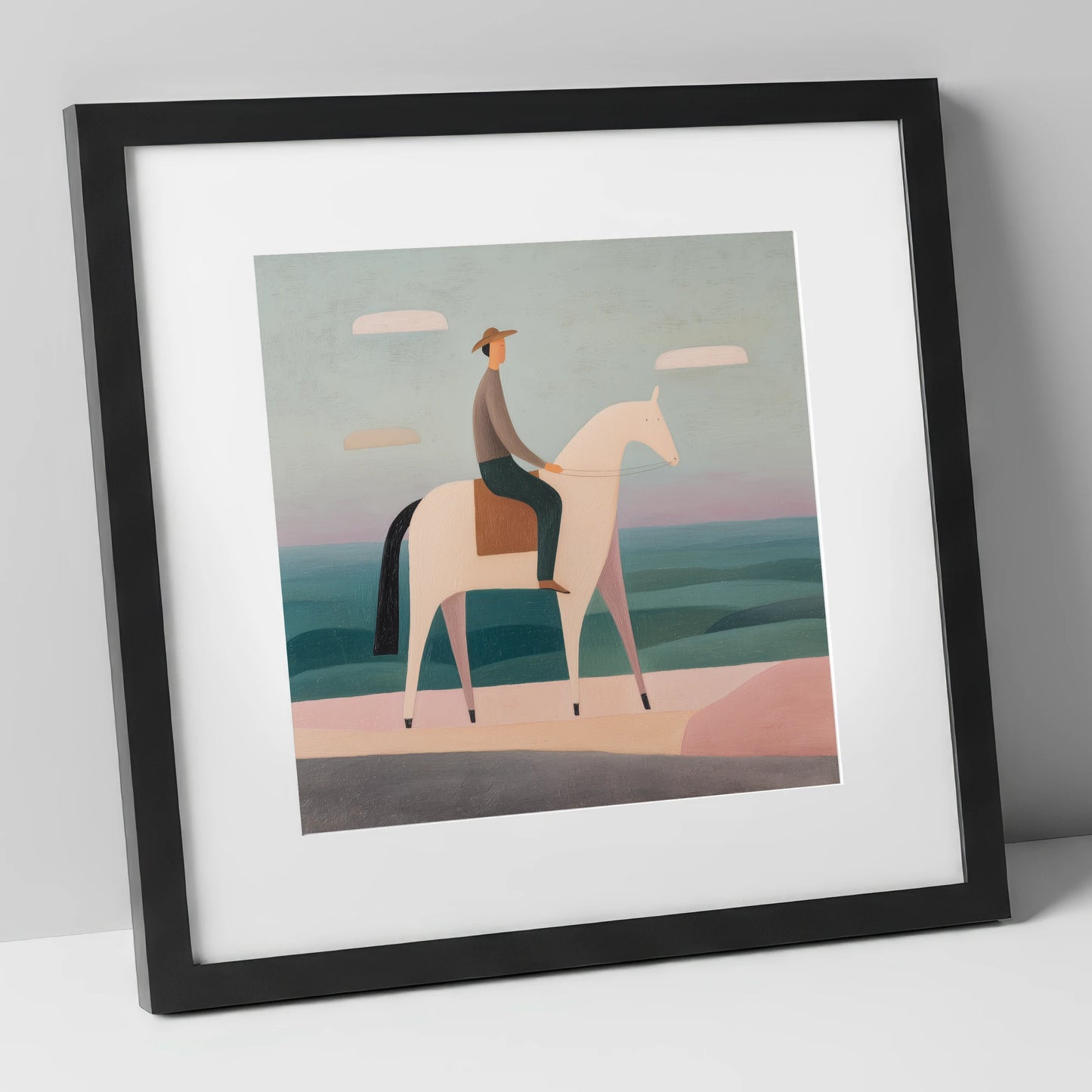 Minimalist Coastal Rider beach horse art print in black frame