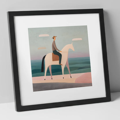 Minimalist Coastal Rider beach horse art print in black frame