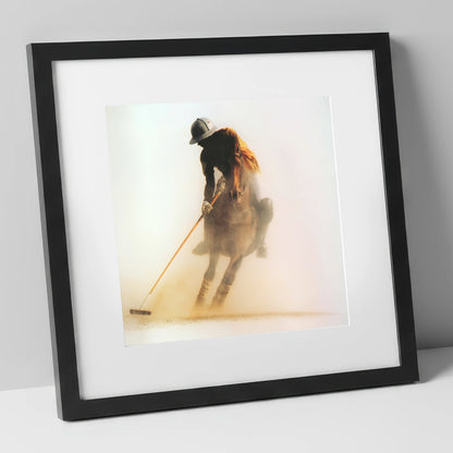 Out of the Dust polo horse art print in black frame