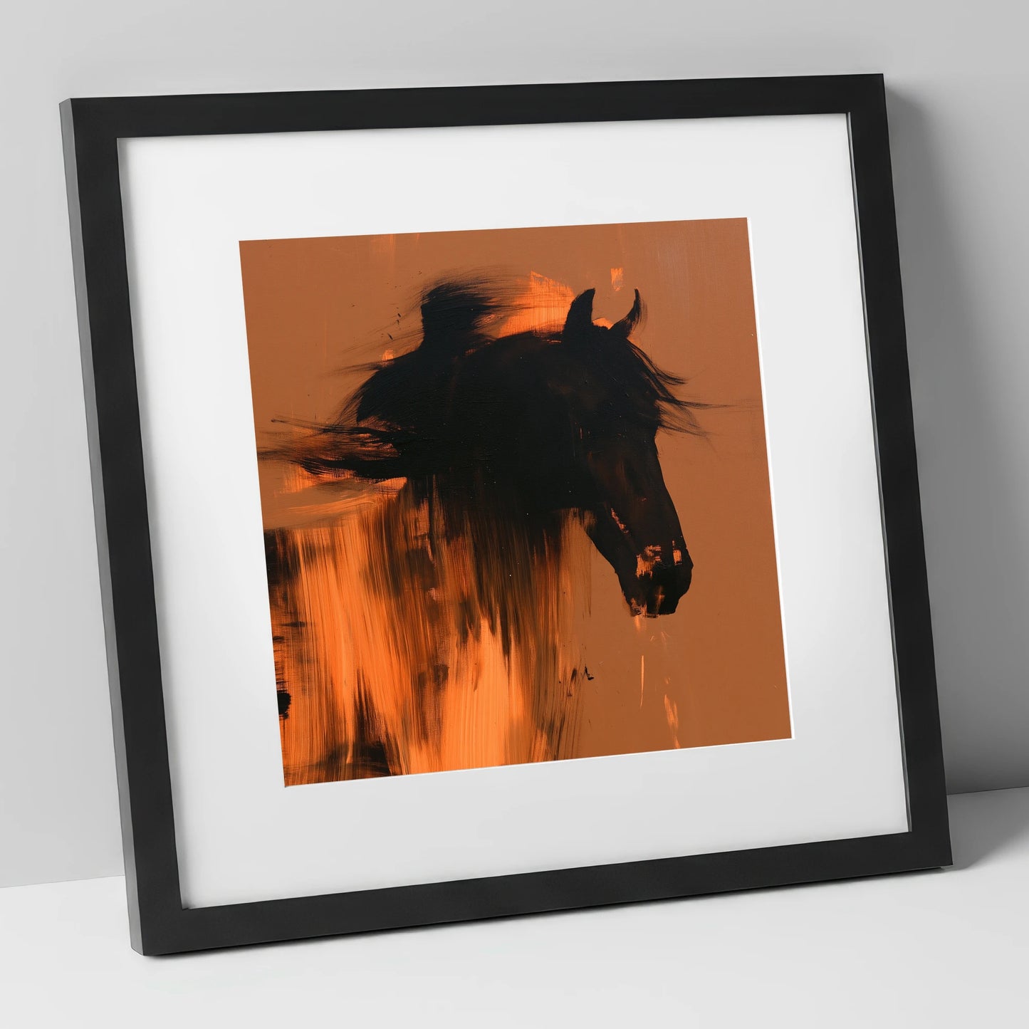 Black Horse Silhouette on Amber horse breed art print in black frame