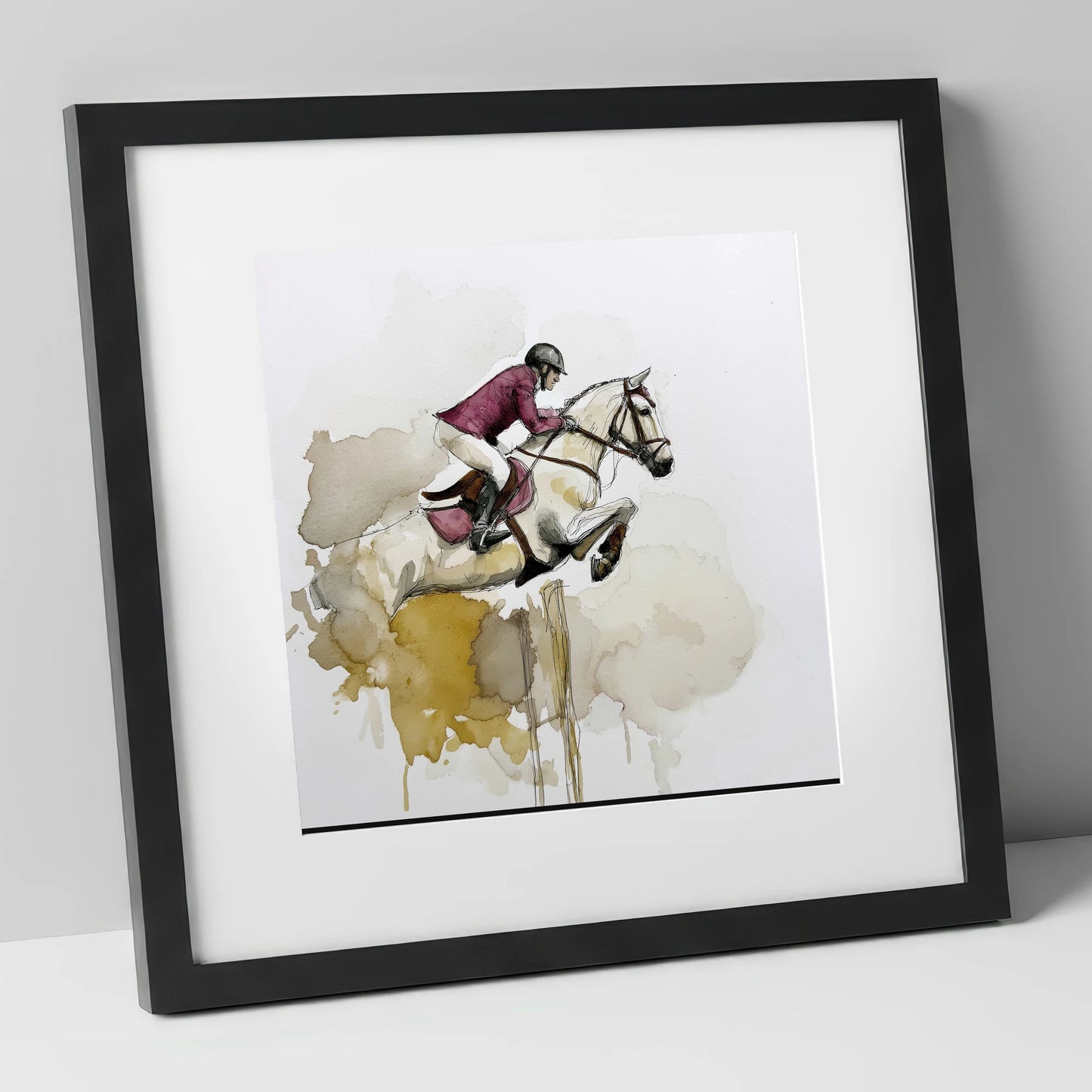 Suspended Elegance show jumping horse art print in black frame