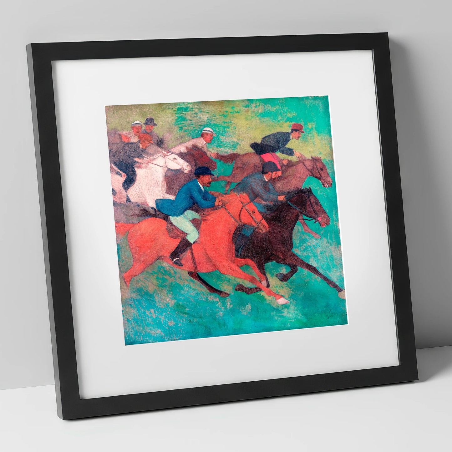 The Crimson Stride racing horse art print in black frame