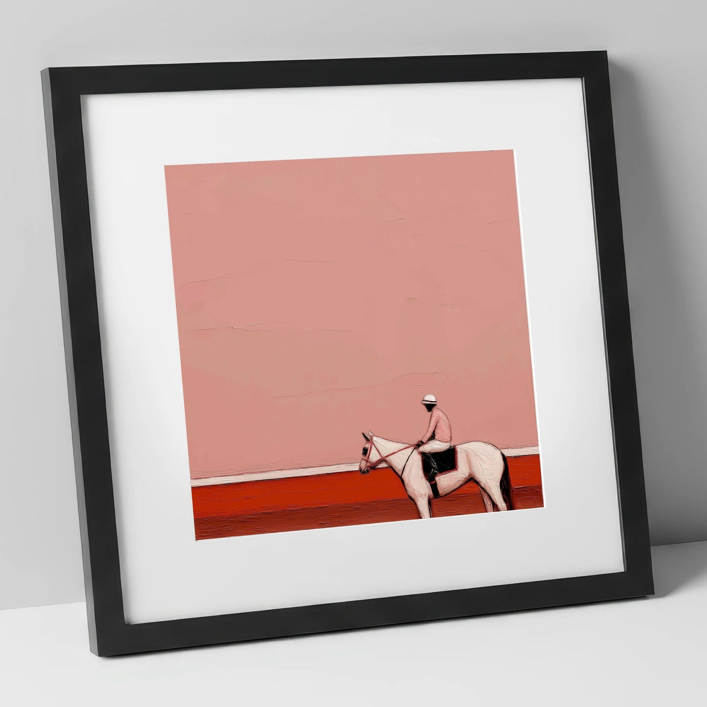 Dusty Rose Paddock racing horse art print in black frame