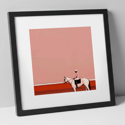 Dusty Rose Paddock racing horse art print in black frame