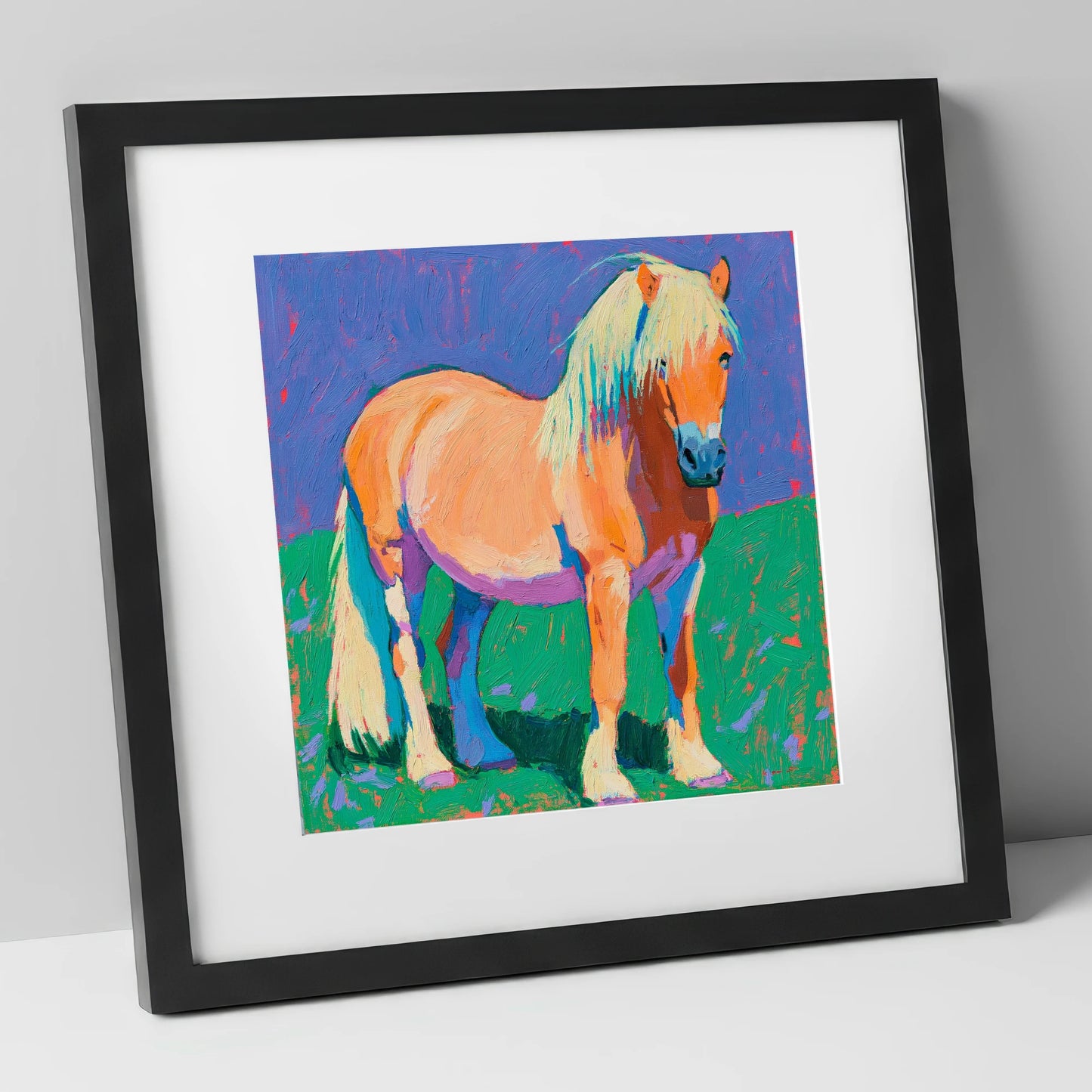 Vibrant Chestnut Pony Portrait horse breed art print in black frame
