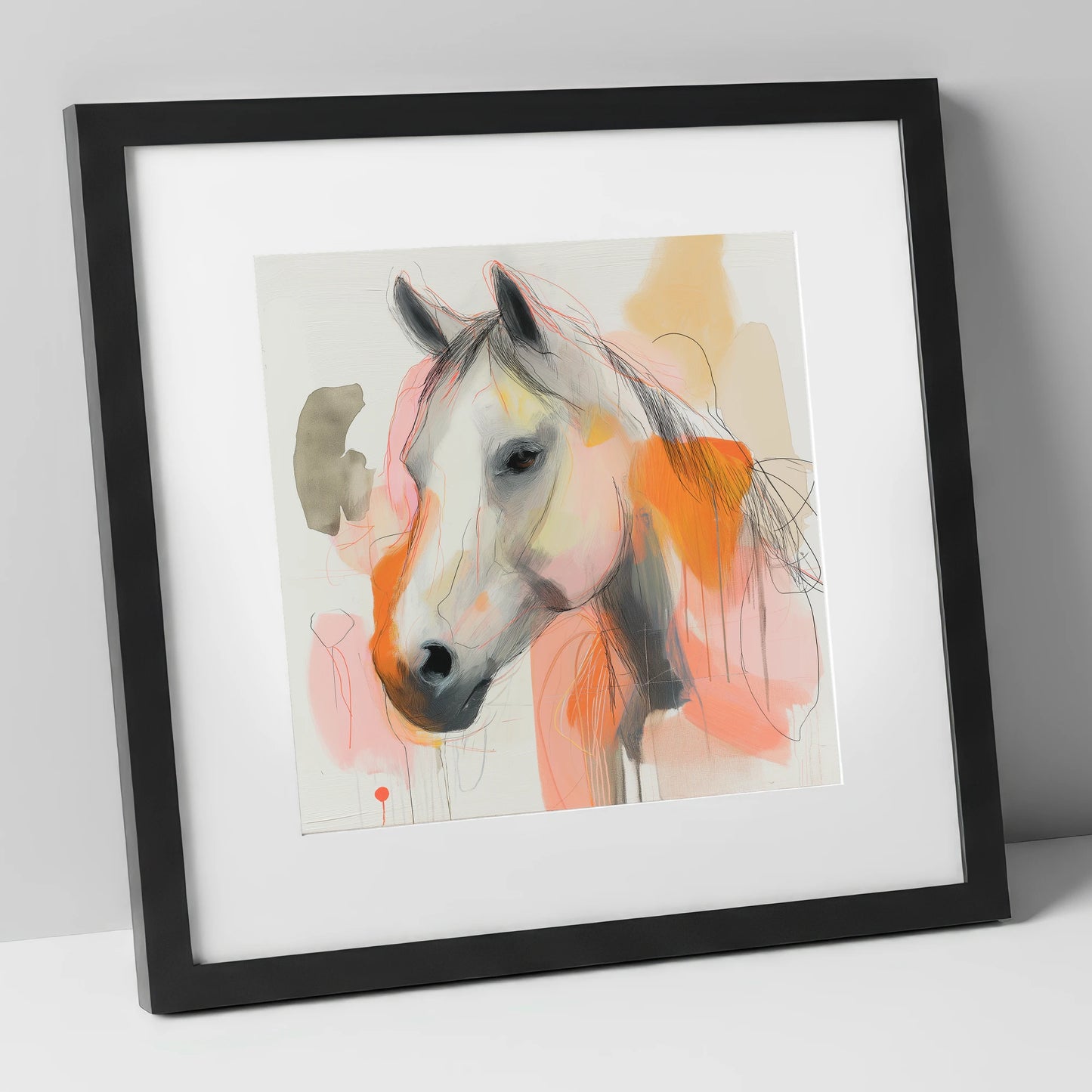 Vibrant Sunset Grey horse portrait art print in black frame