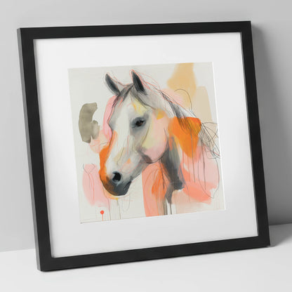 Vibrant Sunset Grey horse portrait art print in black frame