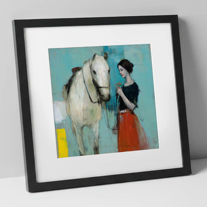 Silent Understanding horse & rider art print in black frame