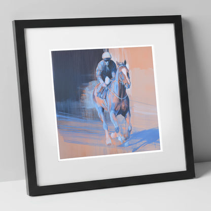 Shadows on the Track racing horse art print in black frame