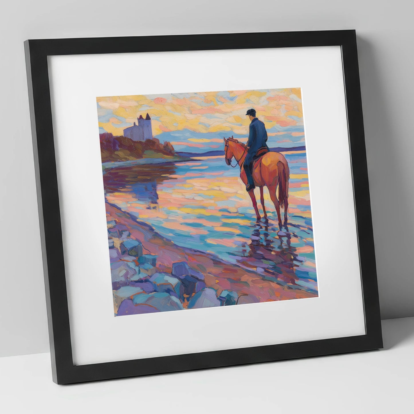 Rider at Castle Bay beach horse art print in black frame