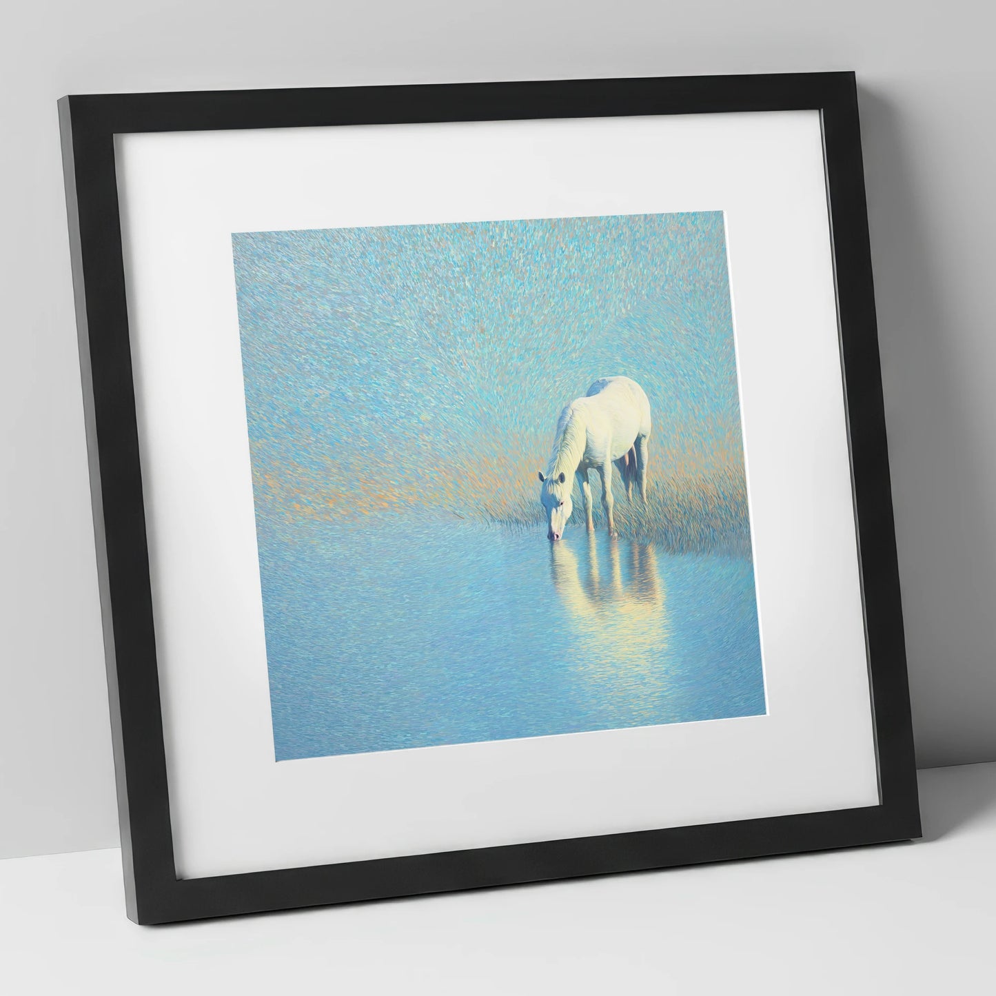 Luminous Waters horse landscape art print in black frame