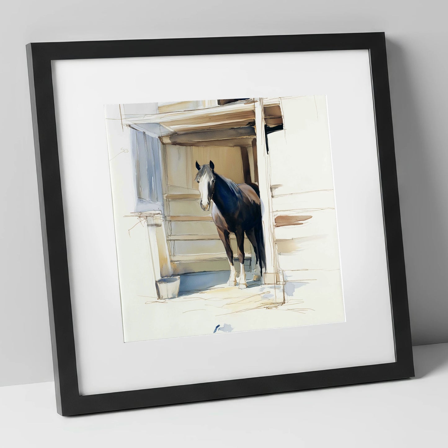 At the Stable Door horse stable art print in black frame