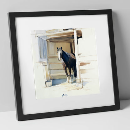 At the Stable Door horse stable art print in black frame